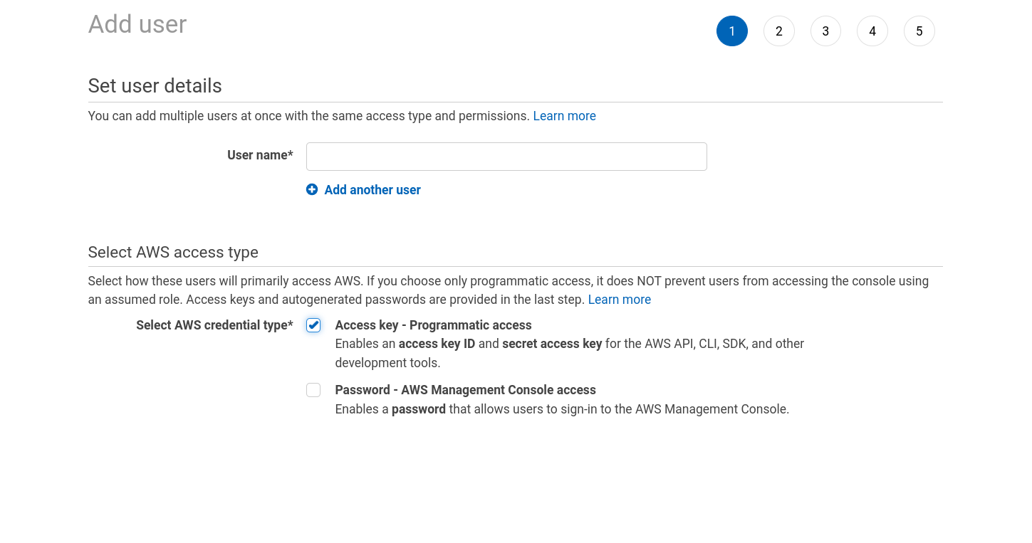 Account setup steps for setting your first IAM user on AWS, the image contains an input for creating your username and two item boxes for selecting the type of credential needed for this account