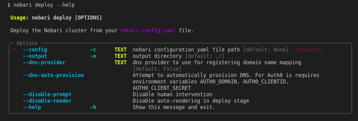 A representation of the output generated when nebari deploy help command is executed.
