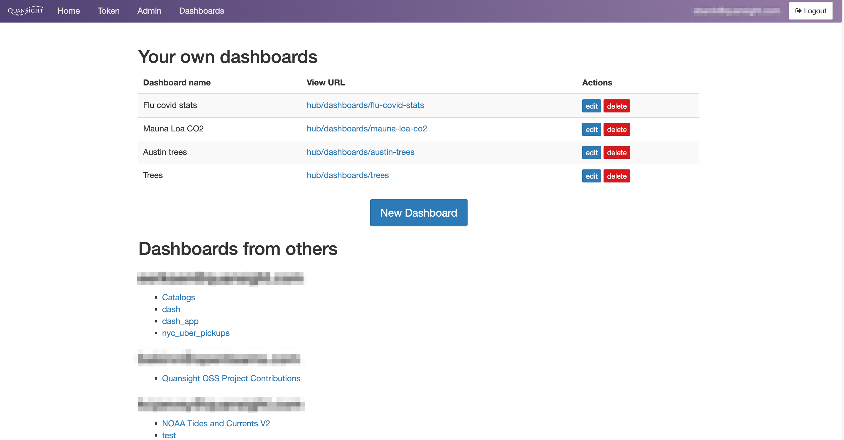 Nebari dashboard panel - showing a number of dashboards with corresponding start/delete buttons, as well as several URLs under the &quot;Dashboards from others heading&quot;