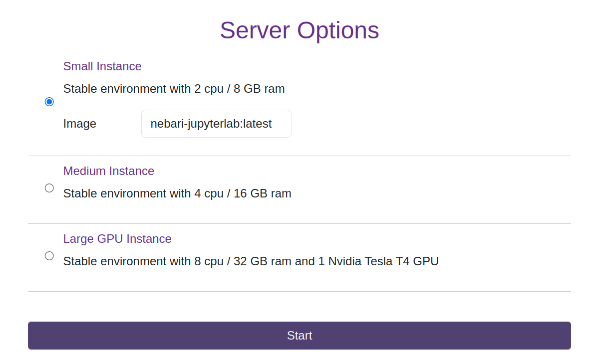 Default profiles showing small, medium, and large instances