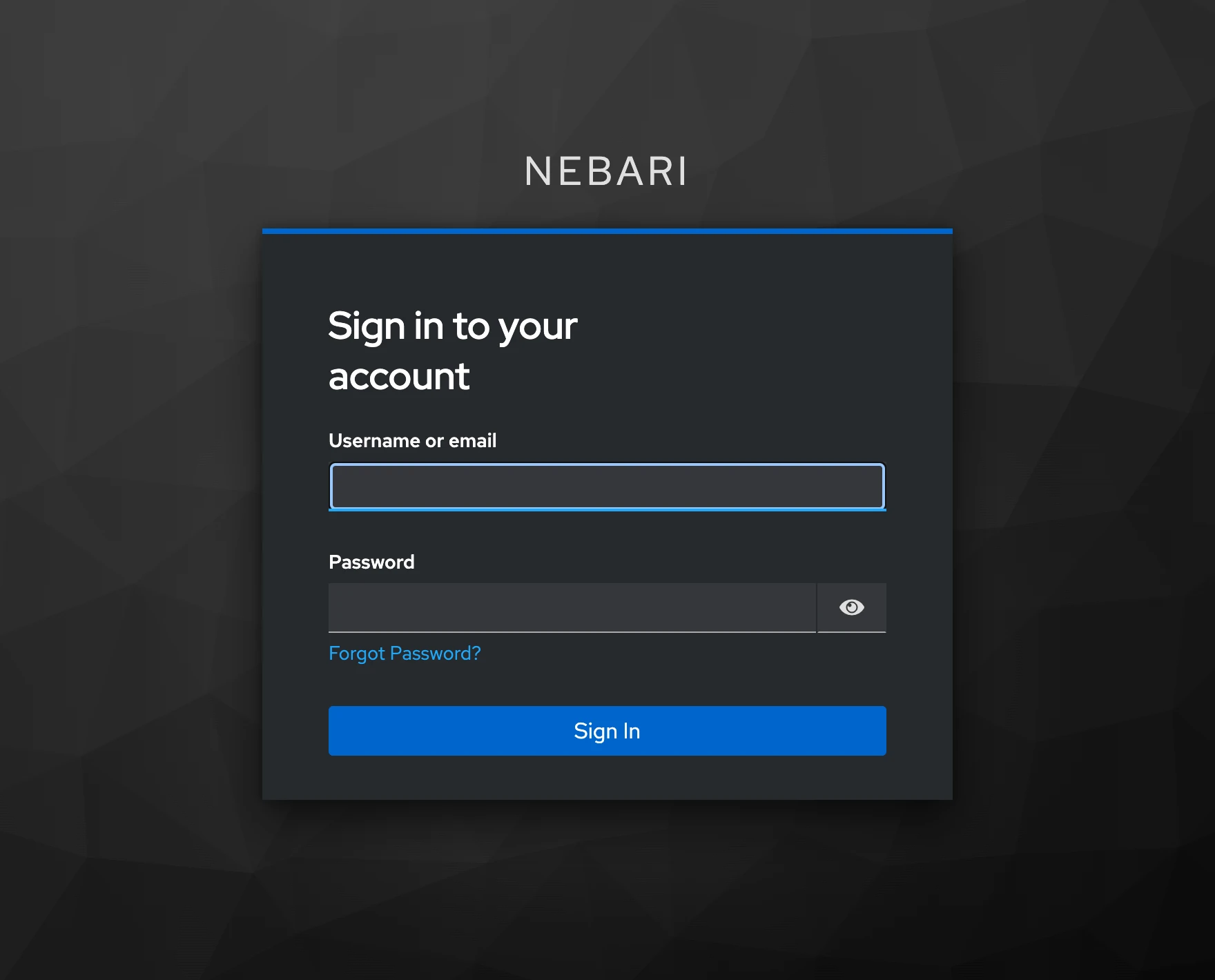 The Nebari sign-in page, with fields for username or email and password, and a Sign In button.